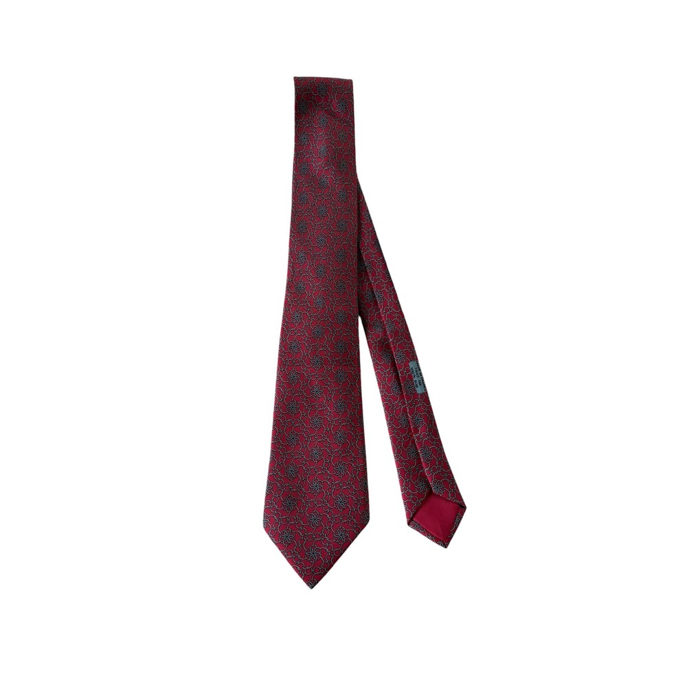 Hermes Paris Silk Tie Red Interlocking Chain Floral Geometric 7442 HA France